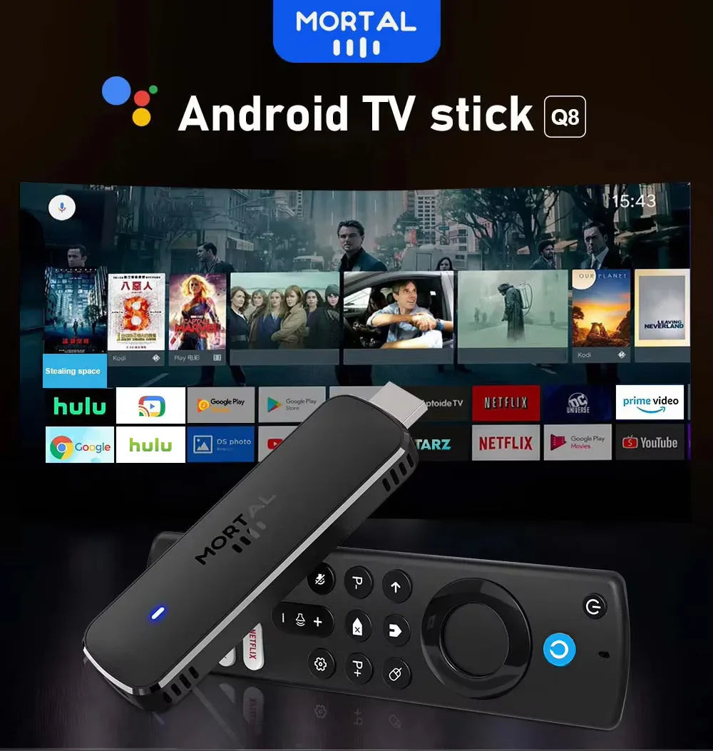 Mortal Android 14 TV Stick Full HD 4K 1080P WiFi 6 Google Voice NETFLIX Youtube Q8 BT5 24Fps Wireless Video Decode Media Player