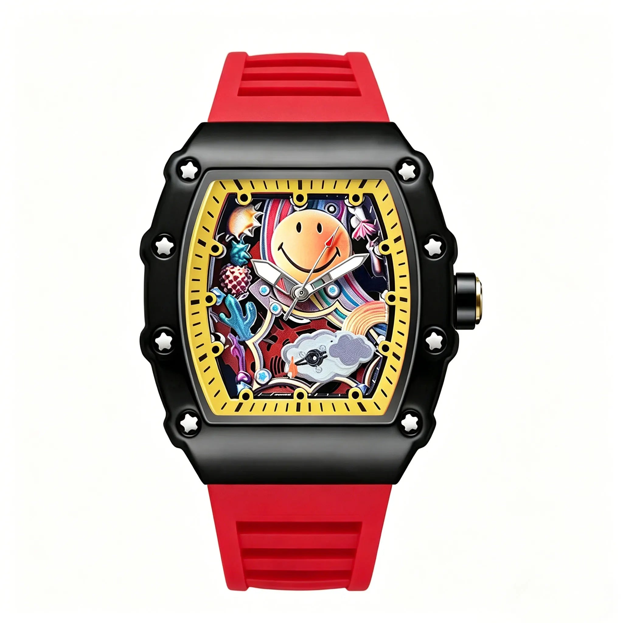 Graffiti Art Smile Face Watch Unique Barrel Shaped Quartz Wristwatch Waterproof Hip Hop Style Silicone Band Clock for Unisex