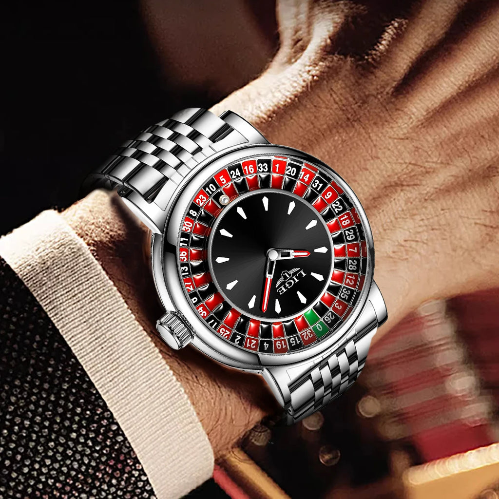 LIGE Fashion Men Watch Rotating Dial Las Vegas Roulette Desktop Theme Watch Men Waterproof Luminous Clock Watches Creative Clock