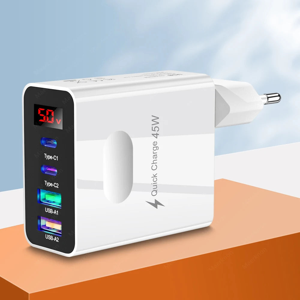 45W USB Charger 4 Ports Type C Fast Charging Digital Display Wall Charger For iPhone Samsung Xiaomi Huawei Phone Charger Adapter