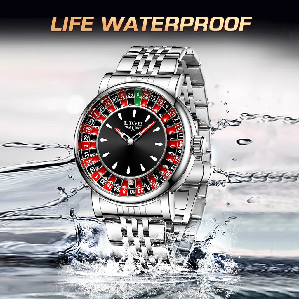 LIGE Fashion Men Watch Rotating Dial Las Vegas Roulette Desktop Theme Watch Men Waterproof Luminous Clock Watches Creative Clock