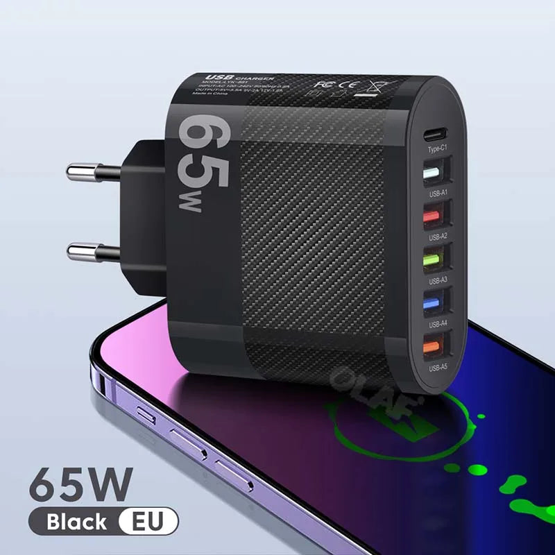 65W USB Charger 6 Ports Fast Charging PD Type C Charger Adpapter For iPhone Xiaomi Huawei Samsung QC 3.0 Fast Charge PD Charger