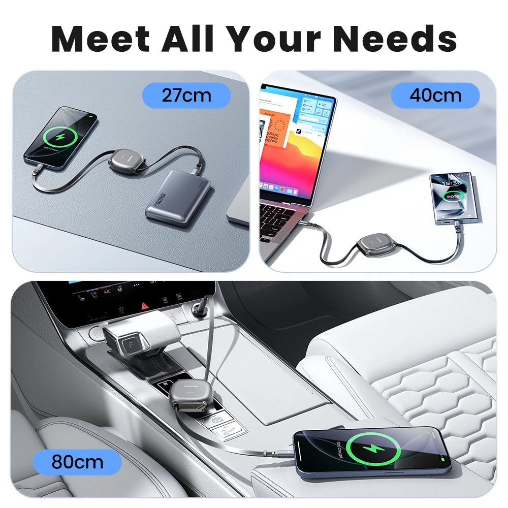 Toocki PD100W USB-C Cable Magnetic Slot Design 7 Adjustable Length 1M Retractable USB C to Type C Cable for iPhone 16 15 AirPods