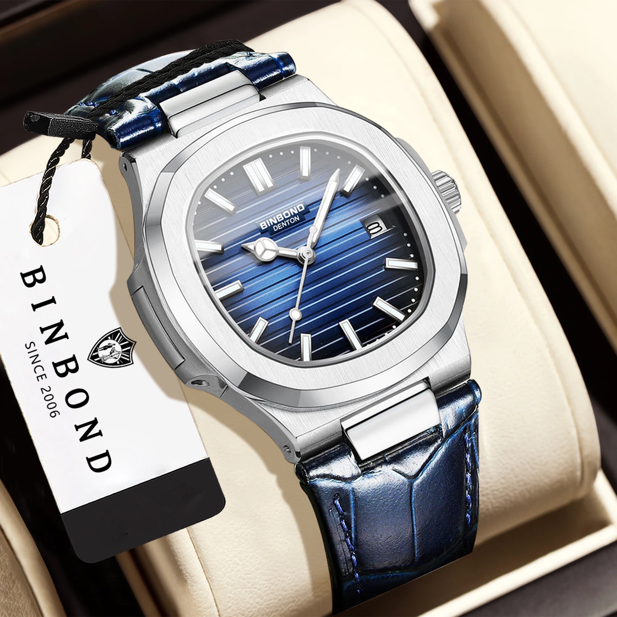 BINBOND precise quartz wristwatches for men luxury luminous waterproof auto date leather strap durabble men's watch casual reloj
