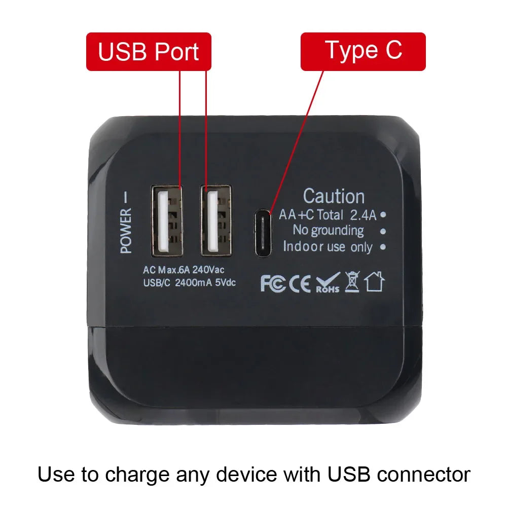 Universal All-in-One Wall Travel Charger Adapter with 2 USB And 1 Type C - Includes US EU UK AU Plugs for International Travel