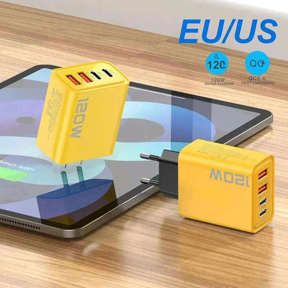 120W USB Fast Charger Quick Charge 3.0 Type C Mobile Phone Charger Adapter For iPhone Samsung Xiaomi EU/US/UK Plug Wall Charger