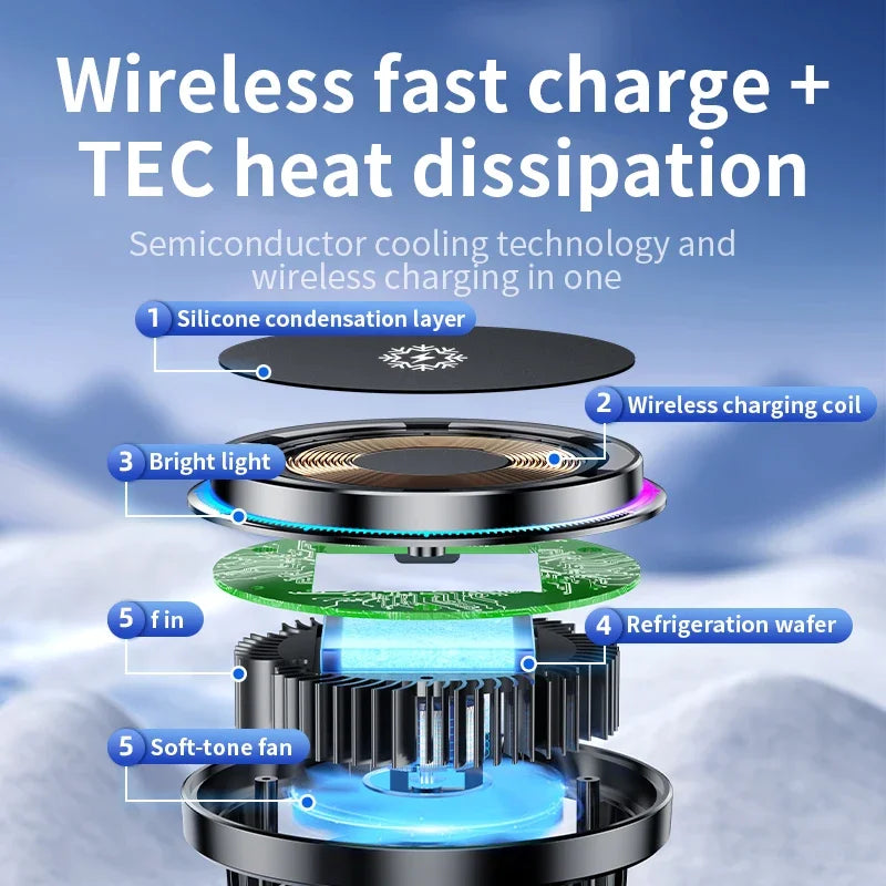 Ice Cooling Magnetic Wireless Car Charger Fast Charging Station for iPhone 17 16 15 14 13 Pro Max MacSafe Car Phone Holder Stand
