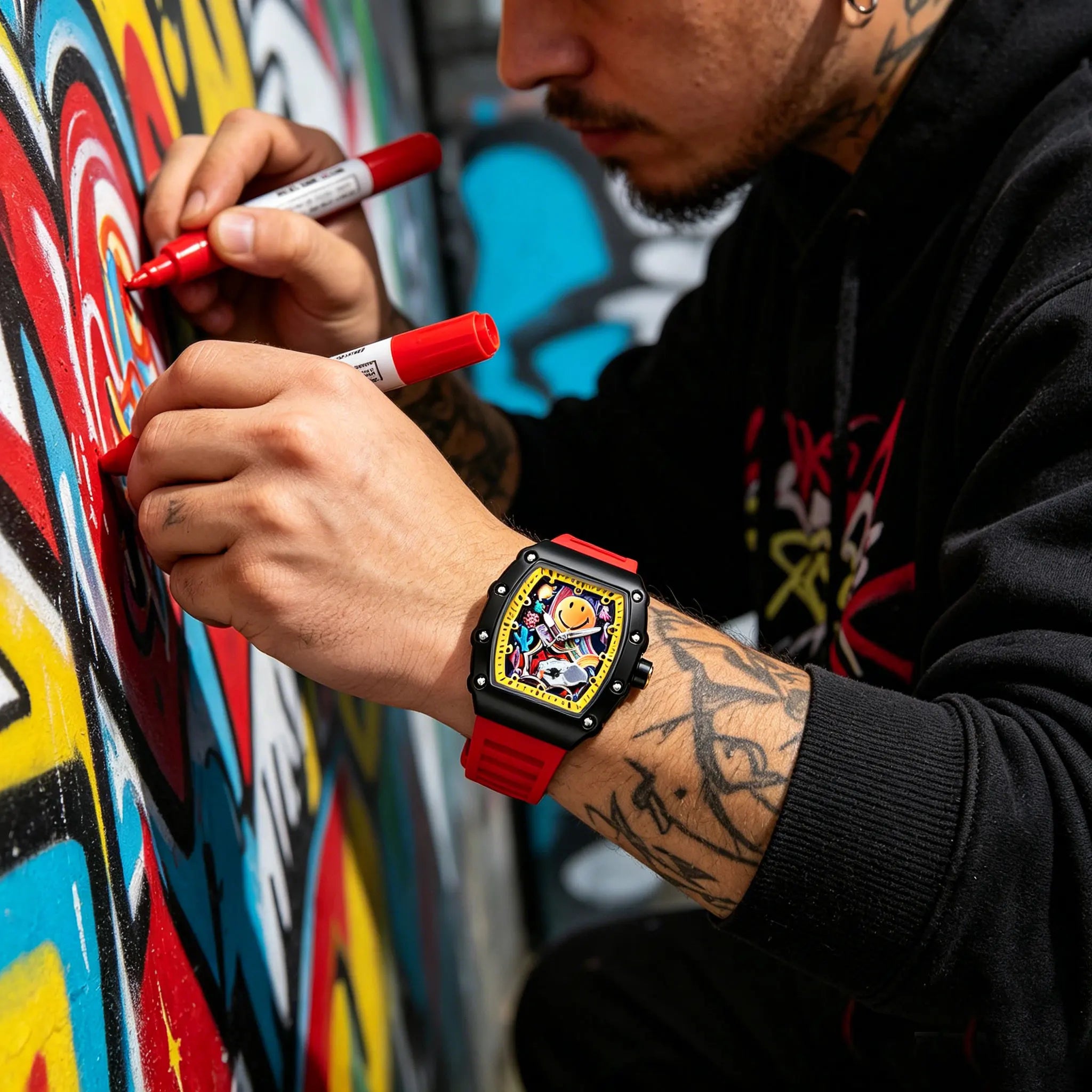 Graffiti Art Smile Face Watch Unique Barrel Shaped Quartz Wristwatch Waterproof Hip Hop Style Silicone Band Clock for Unisex