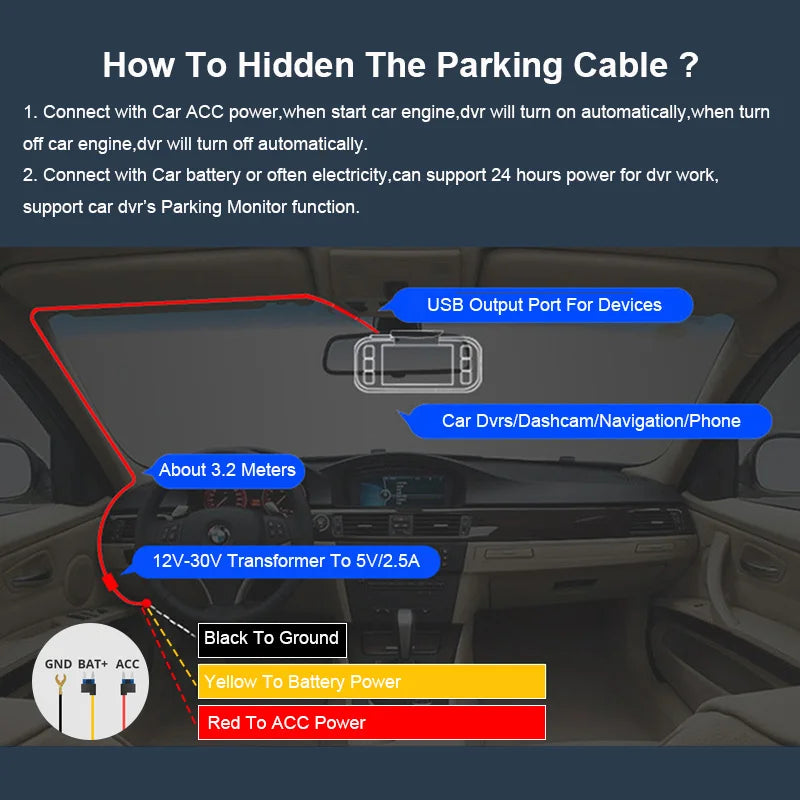 E-ACE 3.5 Meters Buck Line Mini USB Type-C Car Charger Wire Kit For Dash Cam Reaview Mirror 24H Parking Monitoring