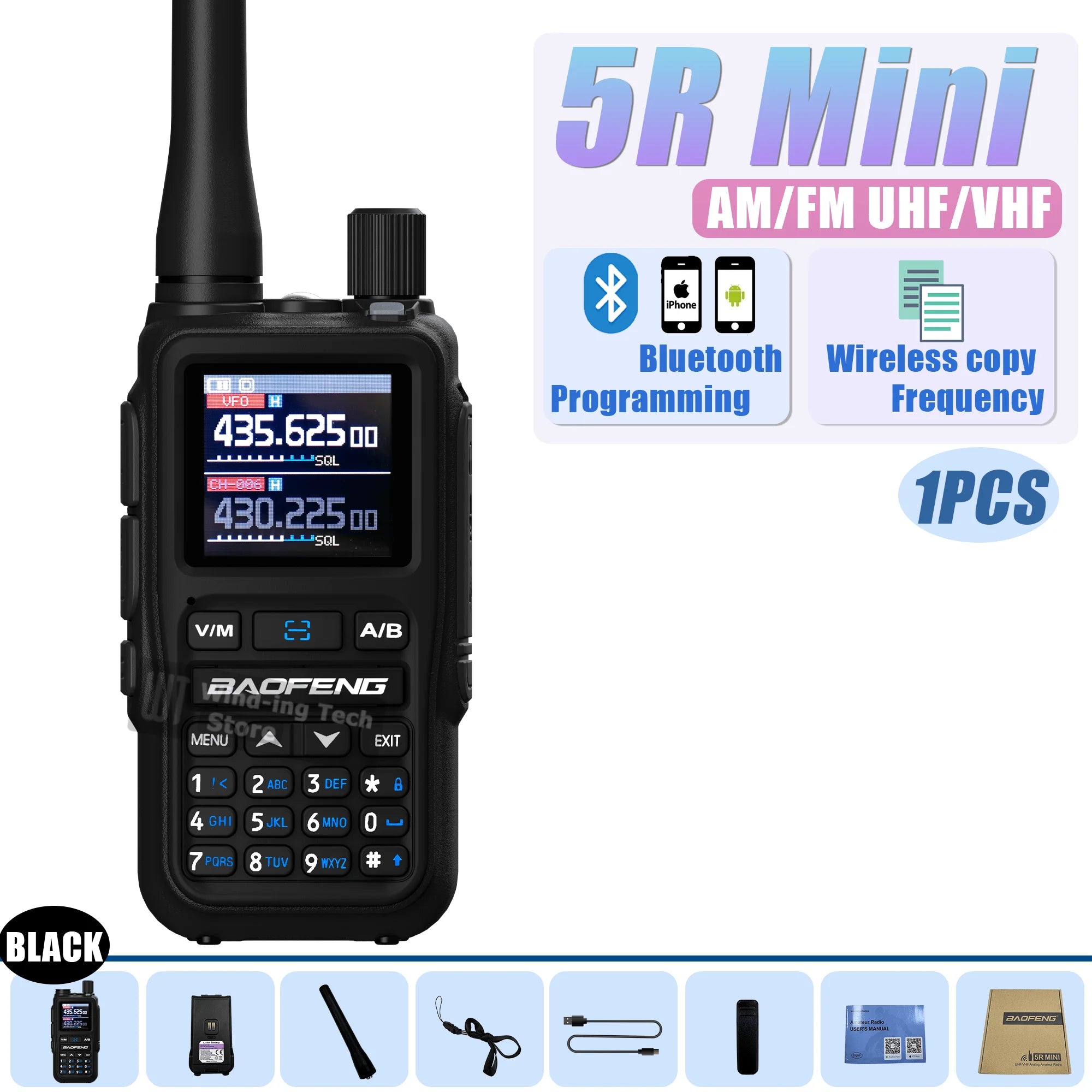 Baofeng UV 5R Mini Walkie Talkie Bluetooth Programming Frequency Hopping Type-C Jack Multiple Colors Dual PTT Camping Ham Radios