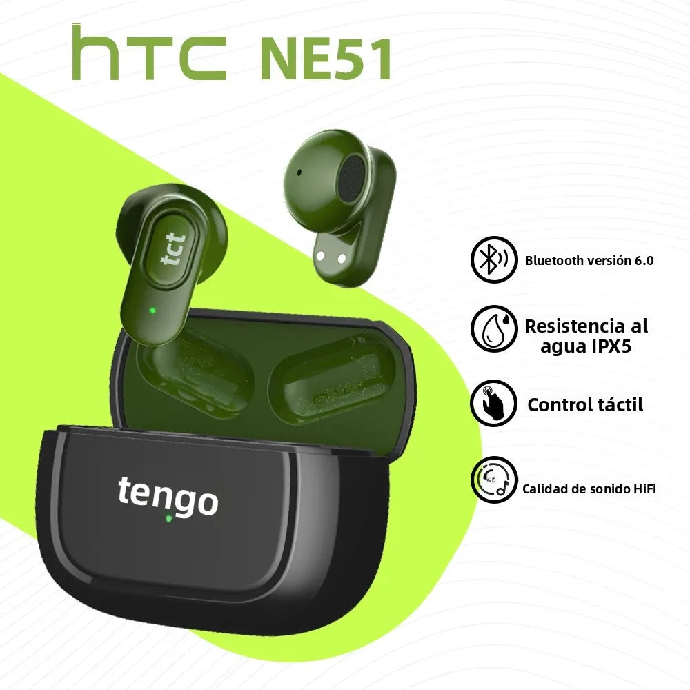 HTC NE51 Bluetooth Earphones TWS Mini EarBuds Sports Wireless Headphones Smart Noise Reduction Earbuds Green Black