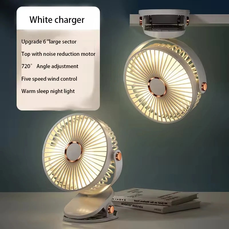 2025 8000mAh Clip-on Fan 5 Speed Quiet Rechargeable Desktop Portable Air Circulator Wireless Fan With LED Light For Office