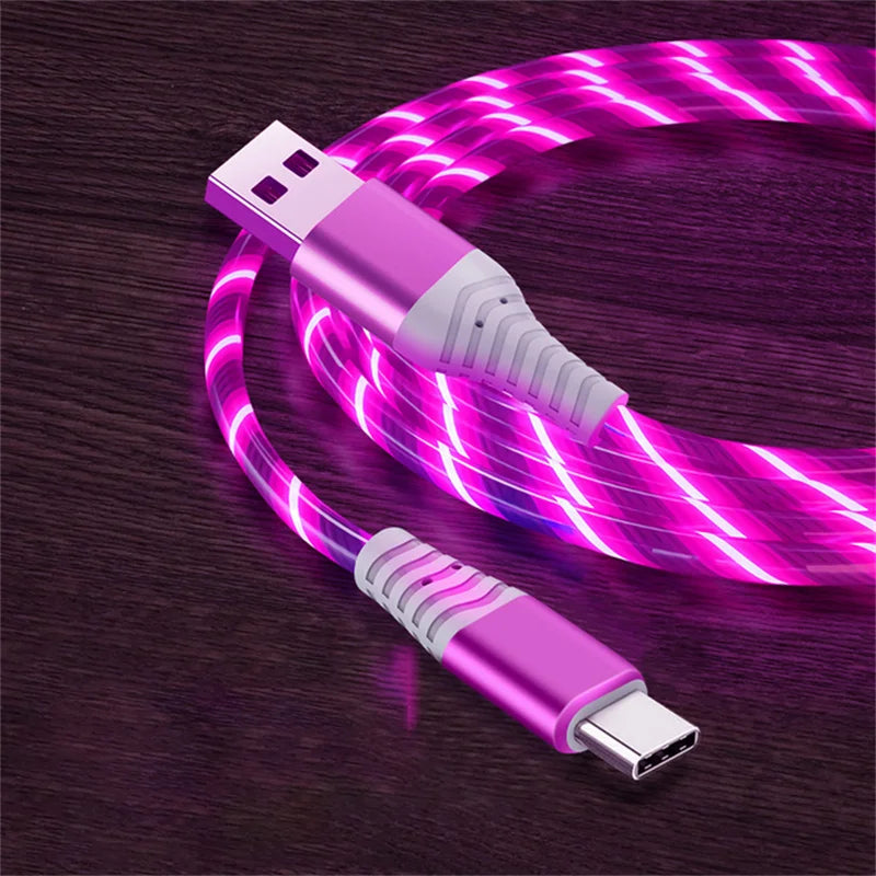 3A Glowing Cable Flowing LED light Micro USB Type C Cables For Samsung iPhone 13 Xiaomi Huawei Mobile Phone Charging Wire Cord