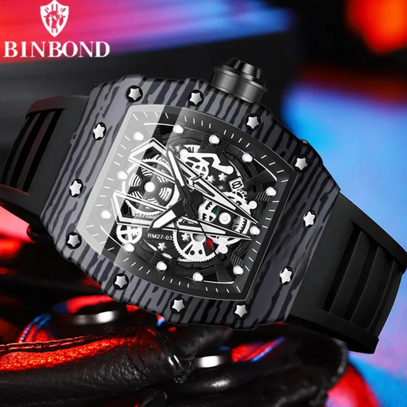 BINBOND Brand Men Watch Domineering Barrel Watch Curved Mirror Hollow Surface Sports Men Watch Silicone Quartz Wristwatch B8577