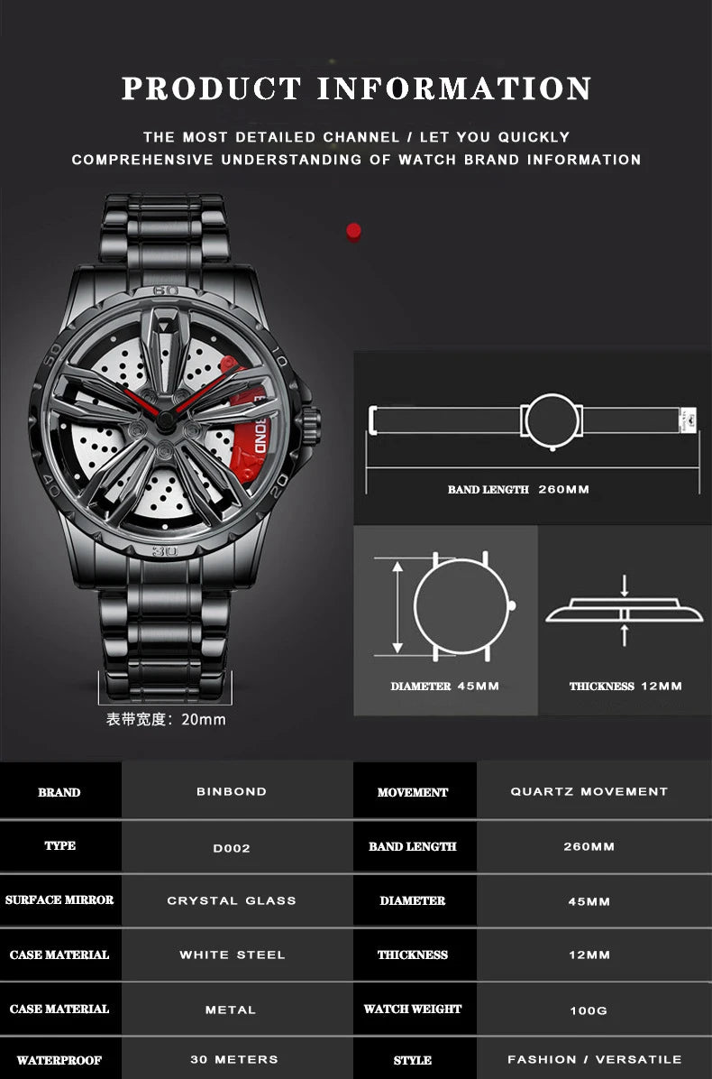UTHAI Automotive Wheel Hub Hollow Mechanical Watch Luxury Fashion Wheel Hub Waterproof Stainless Steel Men's Watch V002