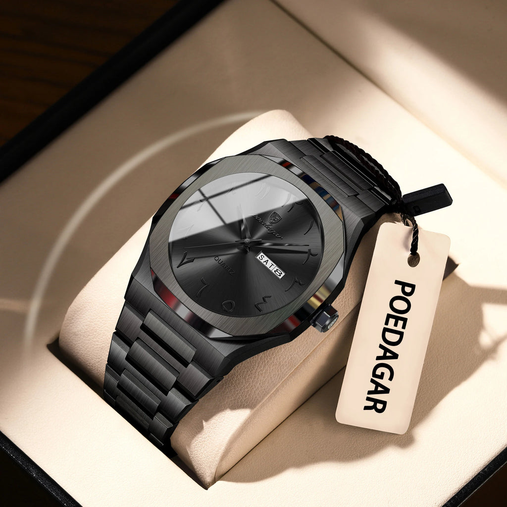 POEDAGAR Military Watch For Men Waterproof Luxury Week Calendar Man Wristwatch Quartz Stainless Steel Fashion Men's Watches Male