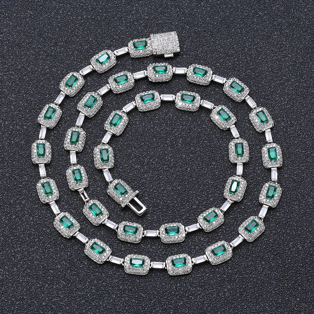 Round Square Green CZ Cluster Bead Link Chain Full Iced Out Bling Emerald Diamond Tennis Necklace For Valentine's Day Gift