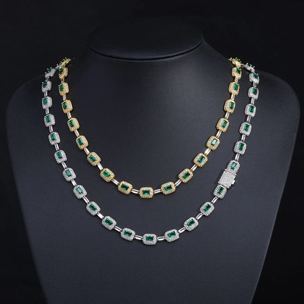 Round Square Green CZ Cluster Bead Link Chain Full Iced Out Bling Emerald Diamond Tennis Necklace For Valentine's Day Gift