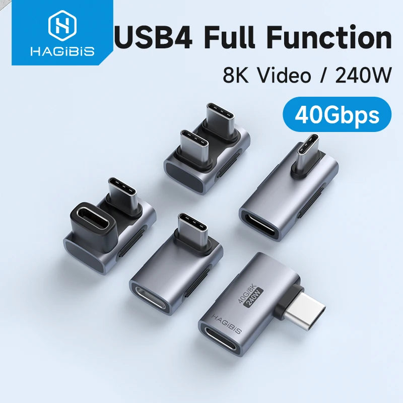 Hagibis 240W USB C to C Adapter 40Gbps 8K 60Hz 90 Degree Converter USB4 Adapter for Thunderbolt 4/3 MacBook iPhone 17 Pro Tablet