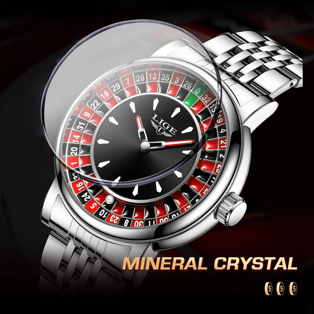 LIGE Fashion Men Watch Rotating Dial Las Vegas Roulette Desktop Theme Watch Men Waterproof Luminous Clock Watches Creative Clock