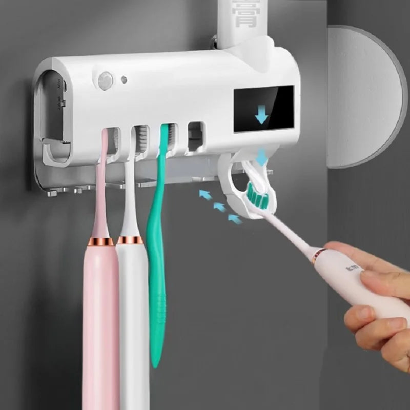 UV Sterilizer Toothbrush Holder Multifunctional Toothpaste Dispenser Wall Mount Smart Toothbrush Storage Box with UV Disinfectio