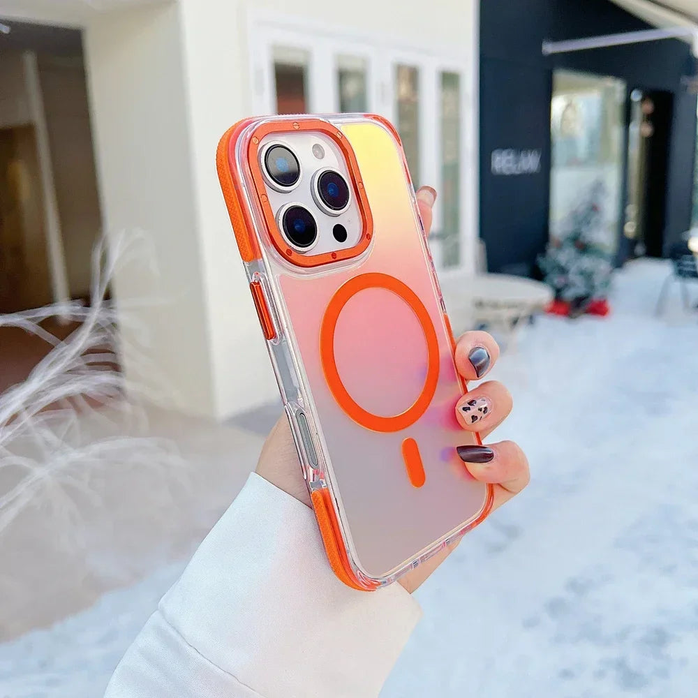 Stylish Metal Lens Magnetic Phone Case for IPhone 17 Pro Max 16 15 14 13 12 11 for MagSafe Wireless Gradual Change Color Cover