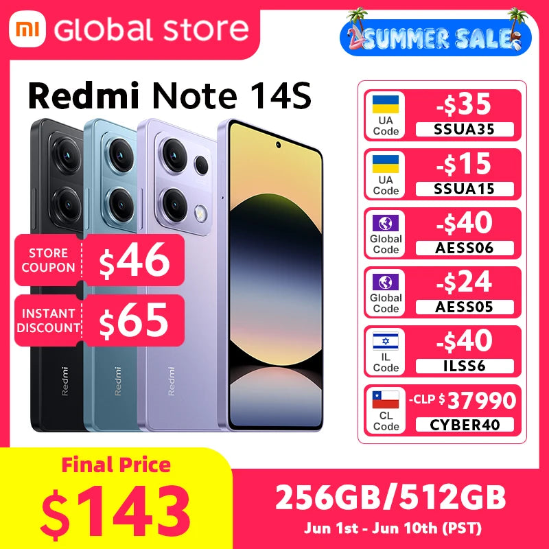 Xiaomi Redmi Note 14S Smartphone Global Version MTK Helio G99 200MP Camera 120Hz 6.67" AMOLED Display 67W 5000mAh