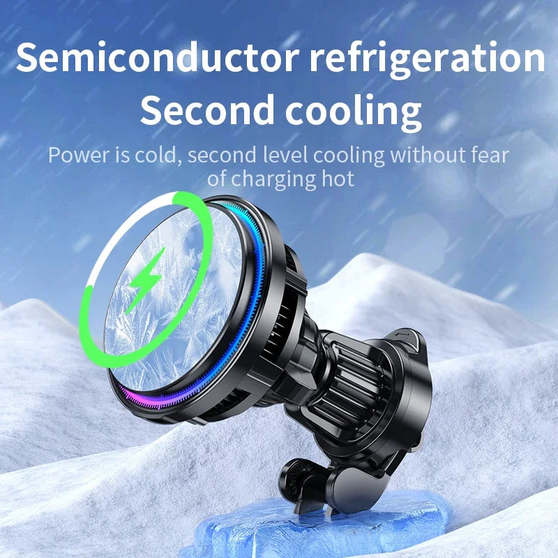 Ice Cooling Magnetic Wireless Car Charger Fast Charging Station for iPhone 17 16 15 14 13 Pro Max MacSafe Car Phone Holder Stand