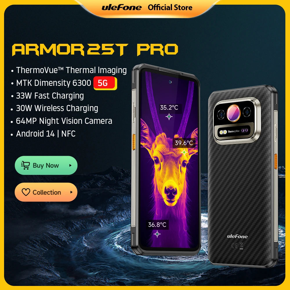 Ulefone Armor 25T Pro 5G  Thermal Imaging Rugged Phone  Android 14 33W 64MP Night Vision Mobile Phone NFC Waterproof Smartphone