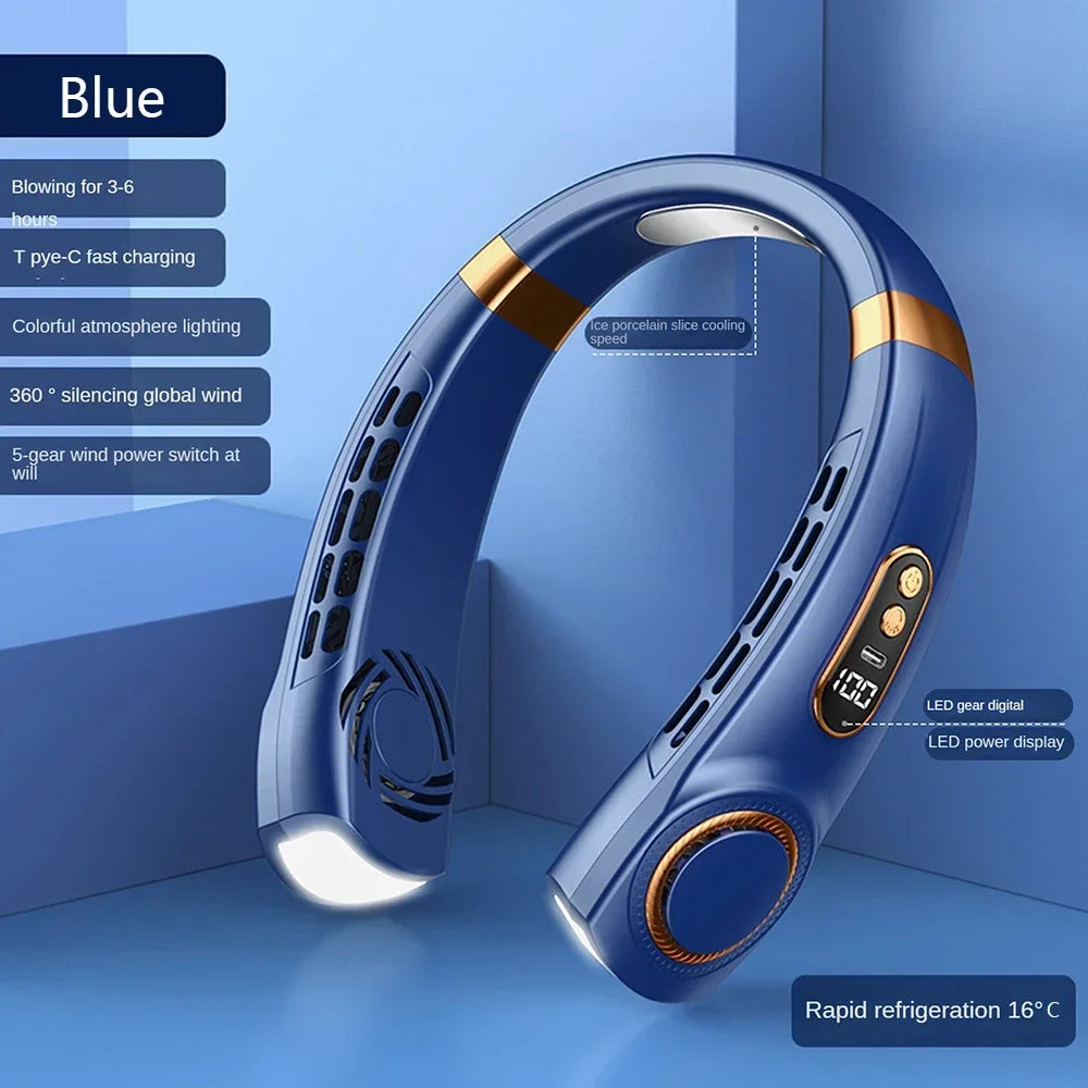 2026 New Portable Neck Fan USB Handheld Mute LED Digital Display Leafless Mini Electric Fan 5 Speed Colorful Atmosphere Lights