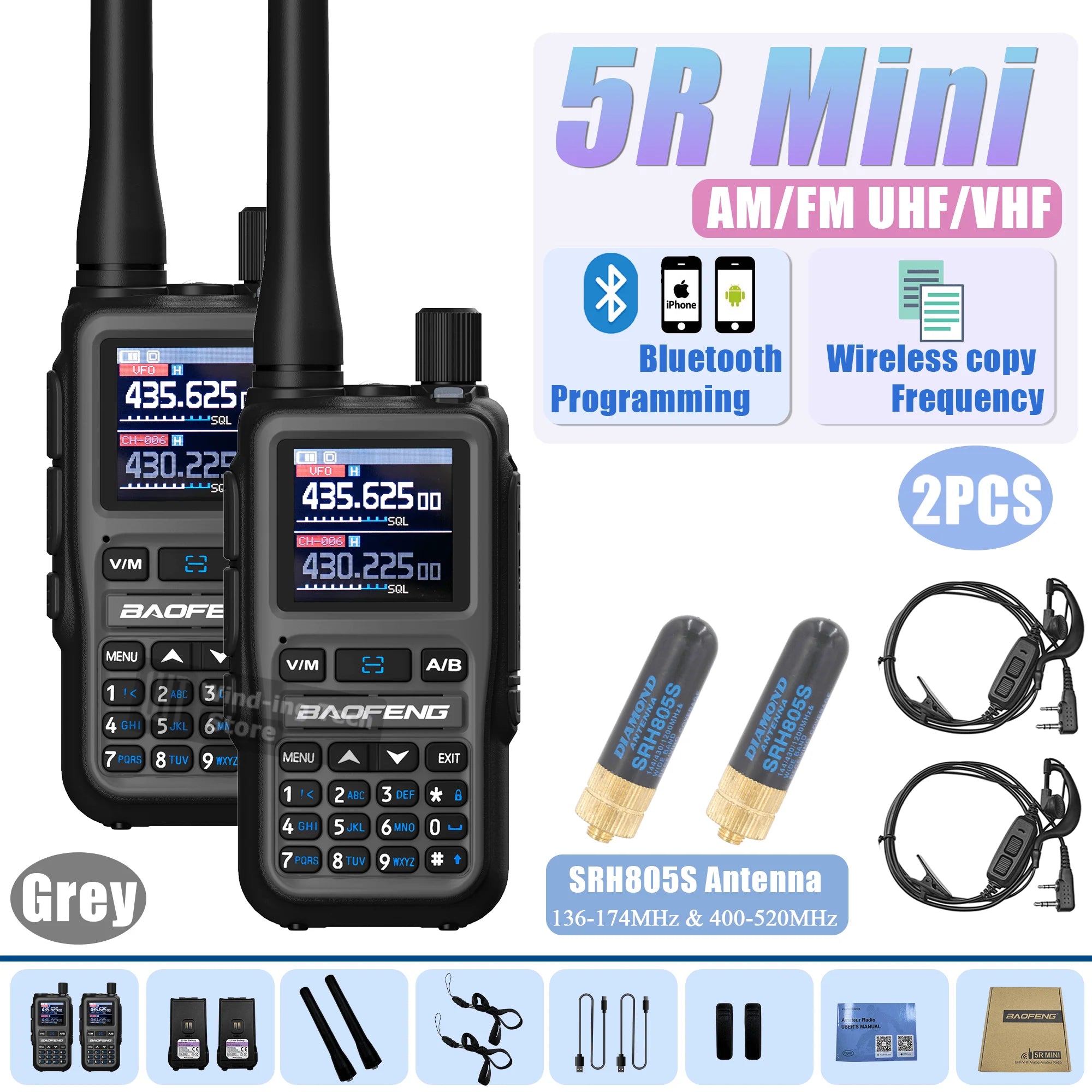 Baofeng UV 5R Mini Walkie Talkie Bluetooth Programming Frequency Hopping Type-C Jack Multiple Colors Dual PTT Camping Ham Radios