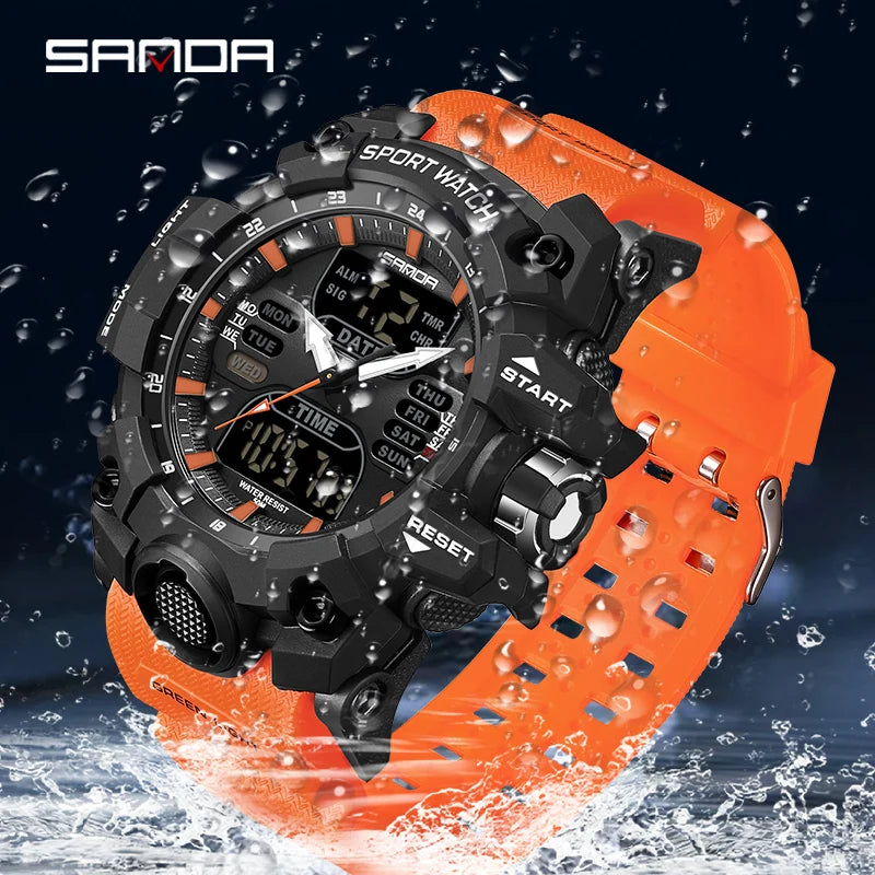 SANDA Dual Display Men Watches Waterproof Sports Watch Military Man Alarm Stopwatch Quartz Wristwatch Male LED Digital Clock6126