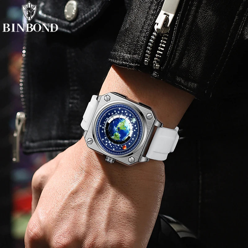 BINBOND Earth Watch For Men Rotating Earth Dial New Concept Creative Blue Planet Non Mechanical Pointer Silicone Tape Men Watch