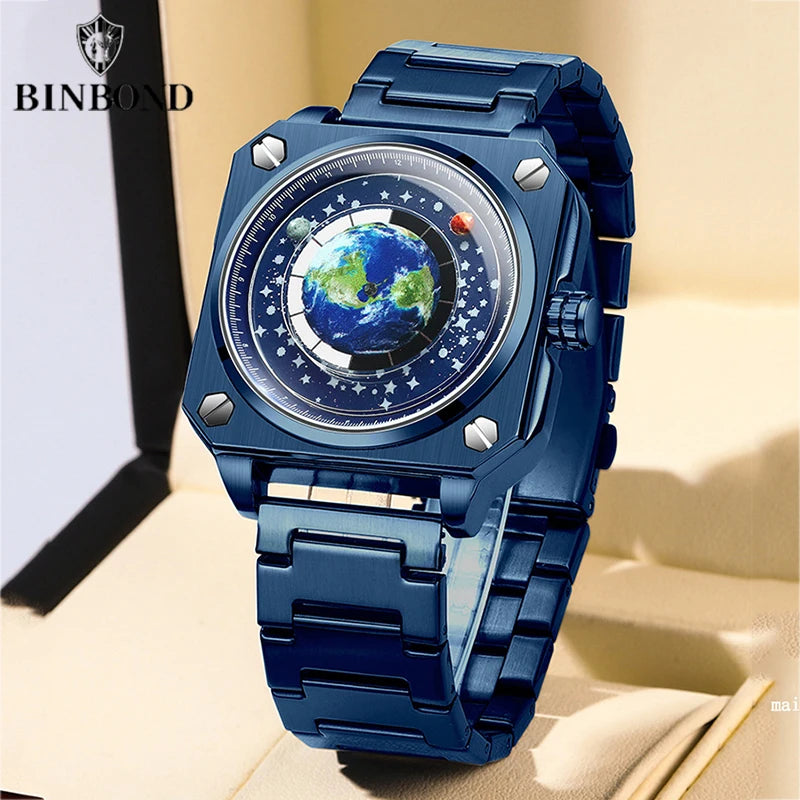 BINBOND Earth Watch For Men Rotating Earth Dial New Concept Creative Blue Planet Non Mechanical Pointer Silicone Tape Men Watch
