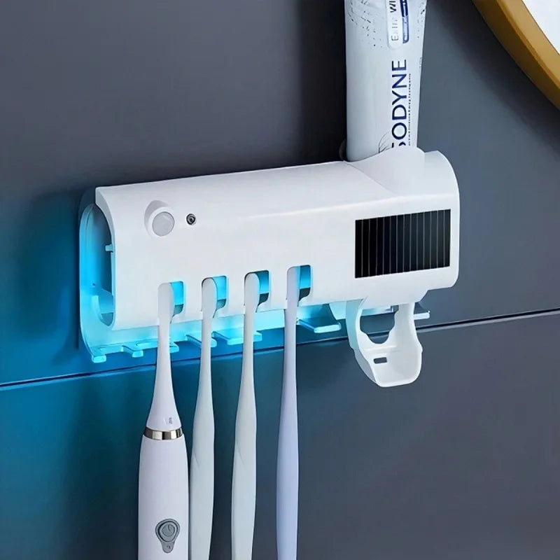 UV Sterilizer Toothbrush Holder Multifunctional Toothpaste Dispenser Wall Mount Smart Toothbrush Storage Box with UV Disinfectio
