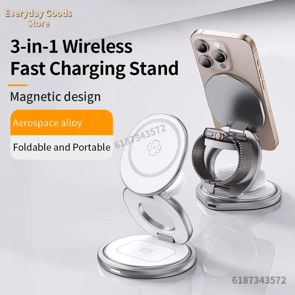 3 In 1 Magnetic Wireless Charger Fast Charging Station 360° Rotation Foldable Phone stand for iPhone 12-16 Pro Max Watch Airpods