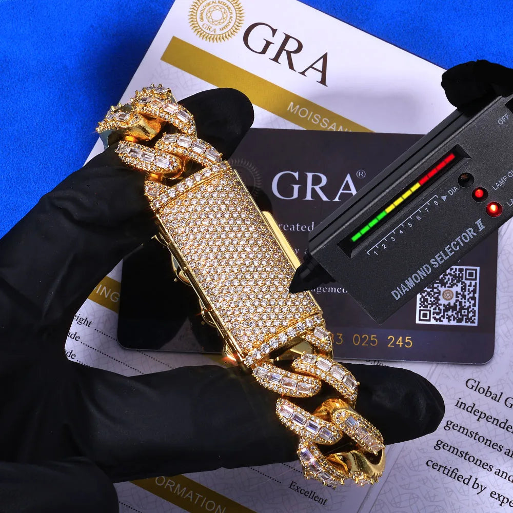ESKEEM 18mm 3 Row Moissanite Cuban Link Chain 925 Silver Full Iced Out VVS Moissanite Bracelet Hip Hop Jewelry