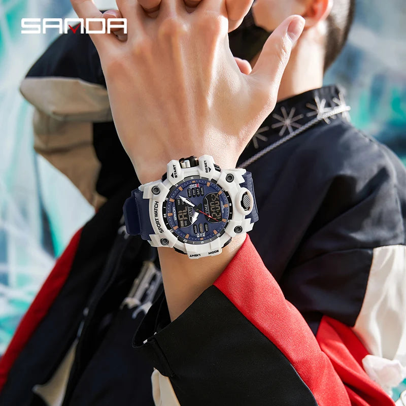 SANDA Dual Display Men Watches Waterproof Sports Watch Military Man Alarm Stopwatch Quartz Wristwatch Male LED Digital Clock6126