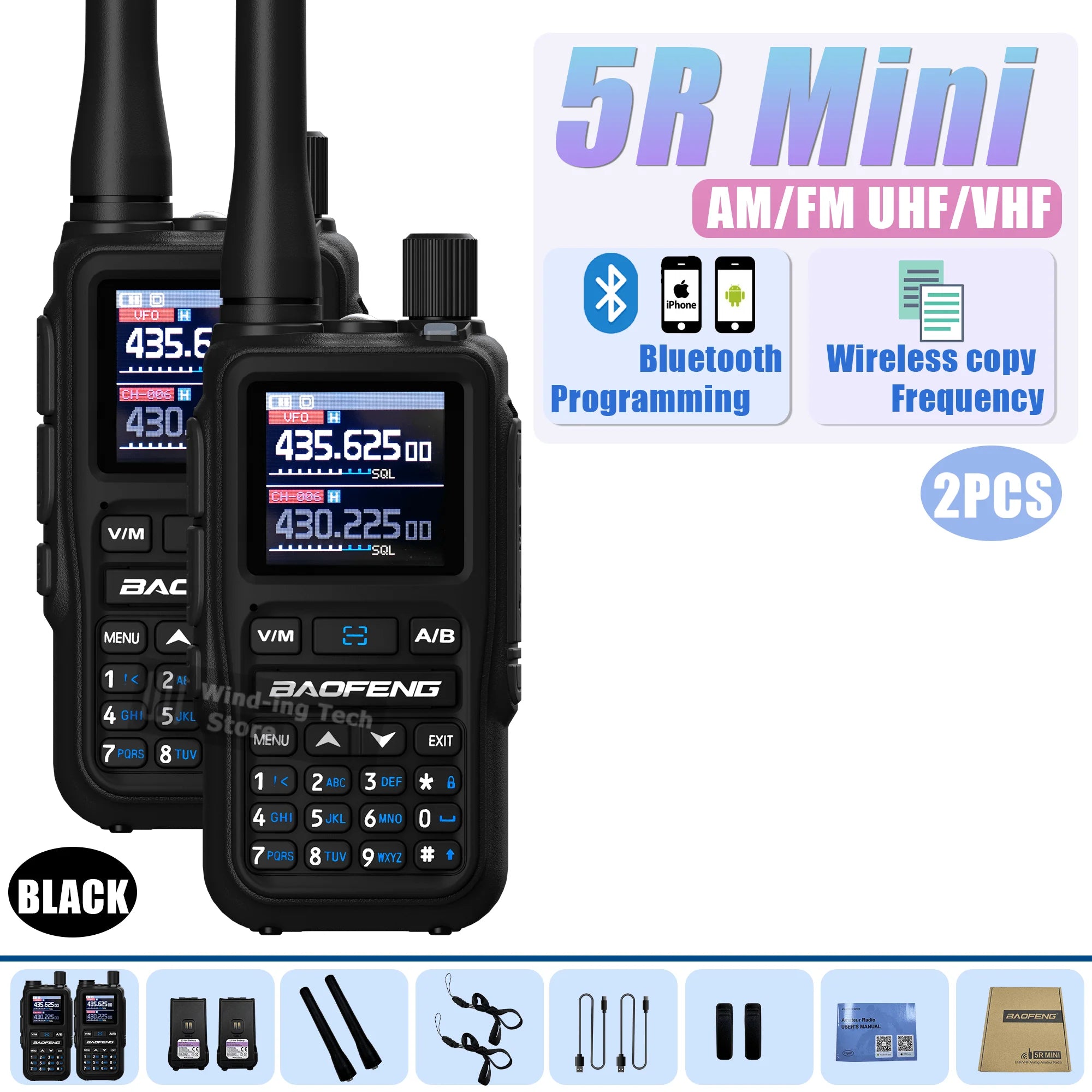 Baofeng UV 5R Mini Walkie Talkie Bluetooth Programming Frequency Hopping Type-C Jack Multiple Colors Dual PTT Camping Ham Radios