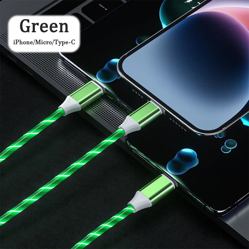 3 in 1 LED Light Glowing Charging Cable 3A Micro USB C Type C Flowing Streamer Type-C Cable for iPhone Xiaomi Huawei