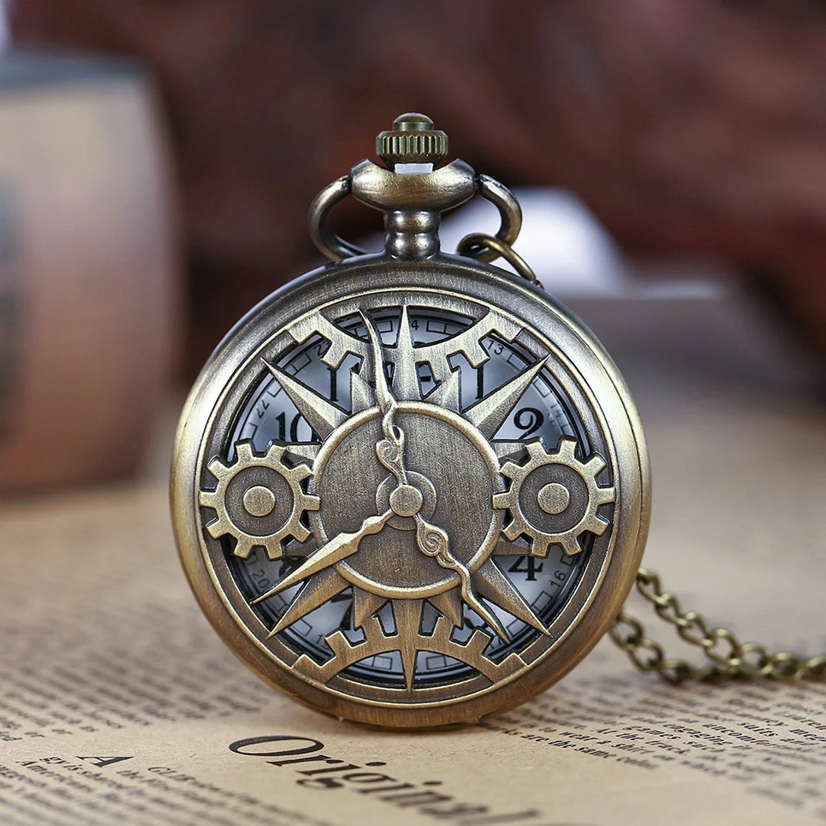 Antique Steampunk Bronze Hollow Gear Movement Quartz Pocket Watch Pendant Gift With Chain Boys Men