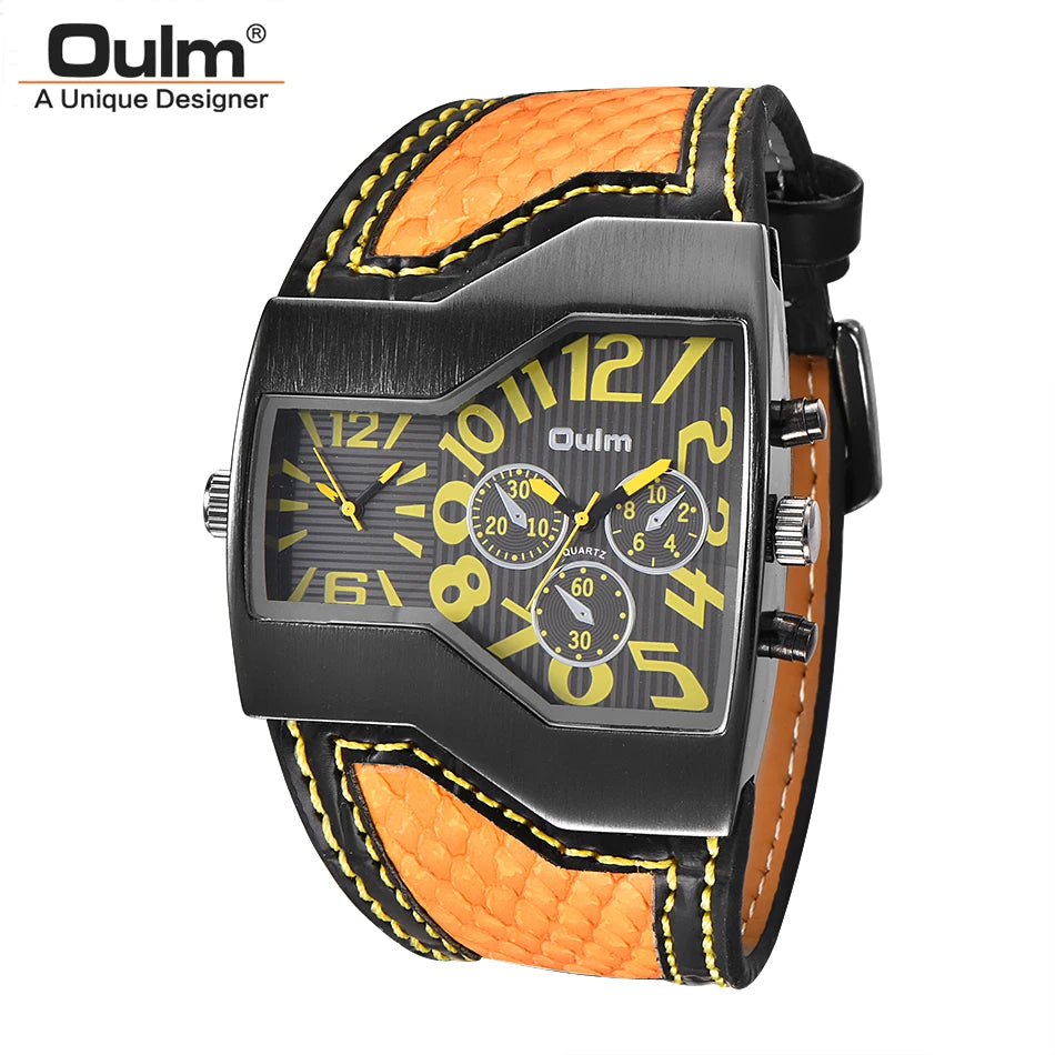 Oulm 1220  Men's Two Time Zone Big Size Quartz Clock Unique Design Watches Male Sport Watch Leather Strap Wristwatch