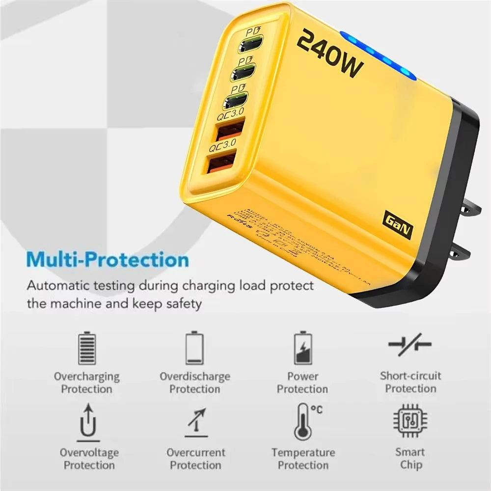 5 in 1 240W GaN Fast Charger With LED Light 2USB+3Type-C Multi Port Phone Charger for iPhone 16 15 pro Samsung Huawei Xiaomi 15