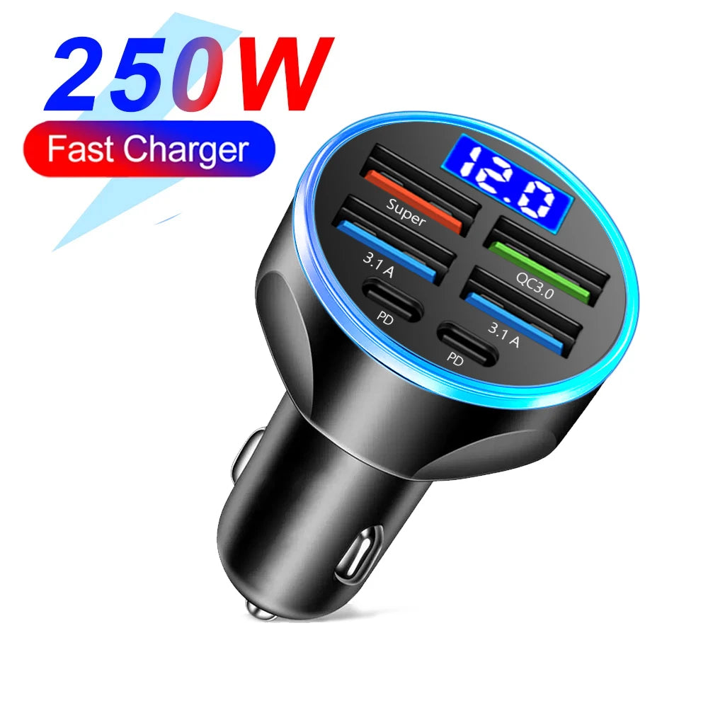 250W PD Car Charger QC3.0 Fast Charge 6-in-1 Car Cigarette Lighter Plug 6 Port Car Charger Flash Charge with Digital Display ﻿