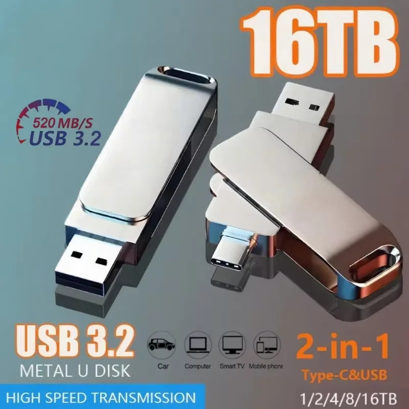 16TB Flash Drive USB 3.2 Ultra High Speed Metal Transfer USB Flash Drive Pen Drive Waterproof C Disk SSD USB Drive Disks 2025