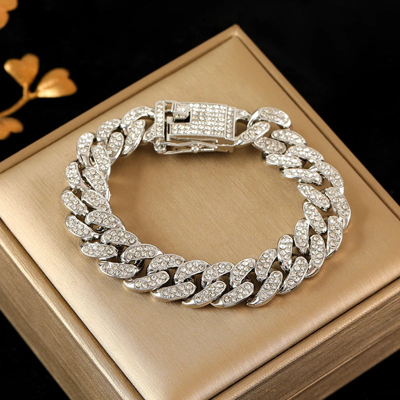 EILIECK Silver Color Thick Cuban Necklace Bracelet Set For Women New Punk Zircon Chain Waterproof Jewelry Party Gift Bijoux