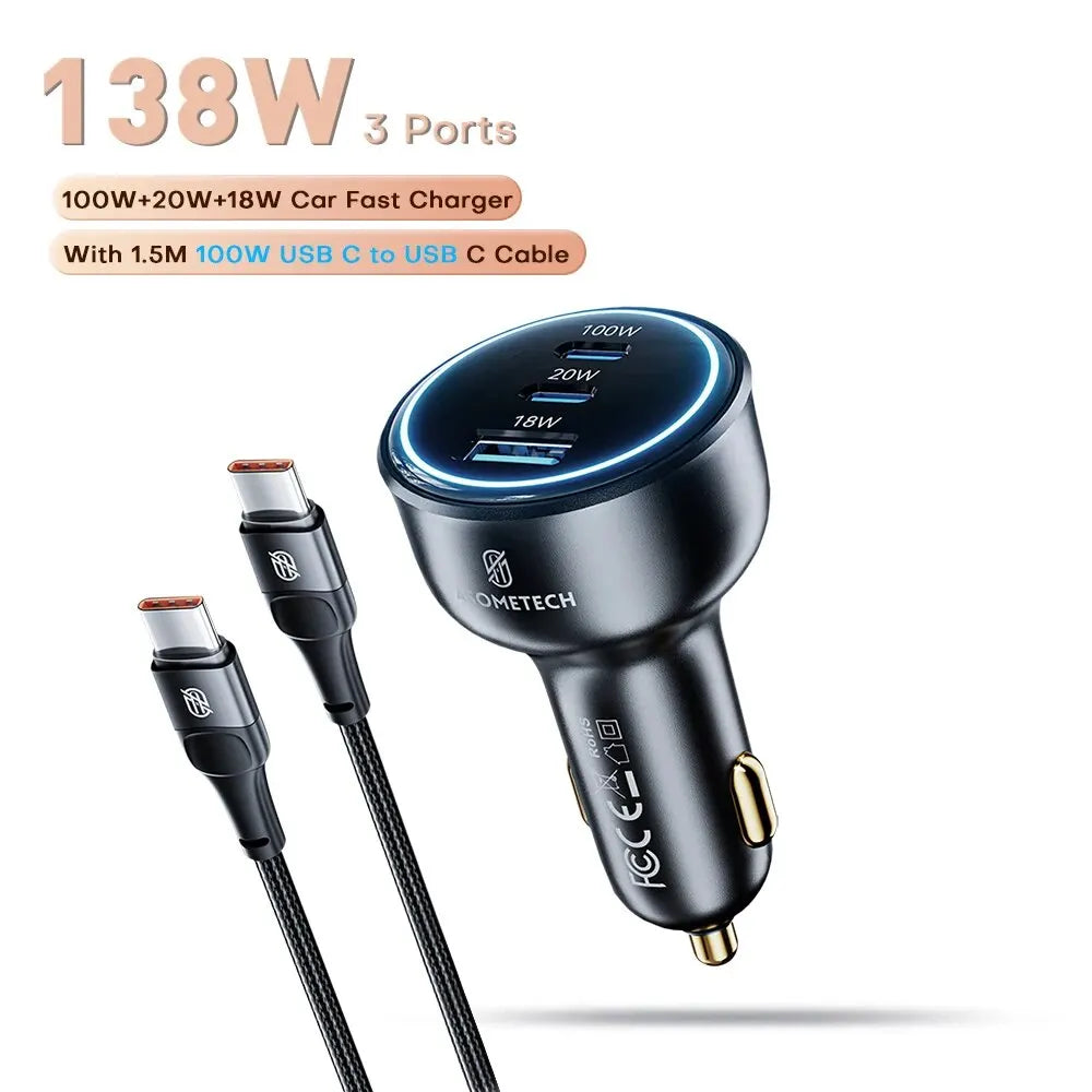 ASOMETECH 138W Car Charger USB Type C GaN Charger 100W 65W 45W 20W PPS PD QC3.0 Quick Charger For Laptop iPhone 15 Samsung S23