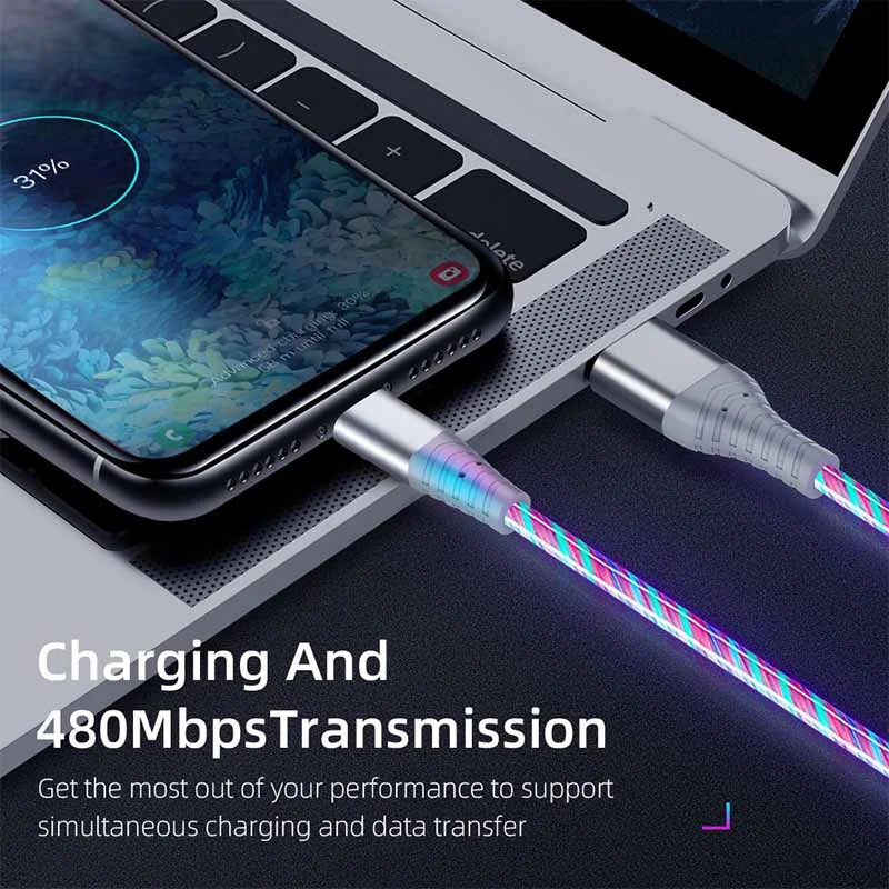3A Glowing Cable Flowing LED light Micro USB Type C Cables For Samsung iPhone 13 Xiaomi Huawei Mobile Phone Charging Wire Cord