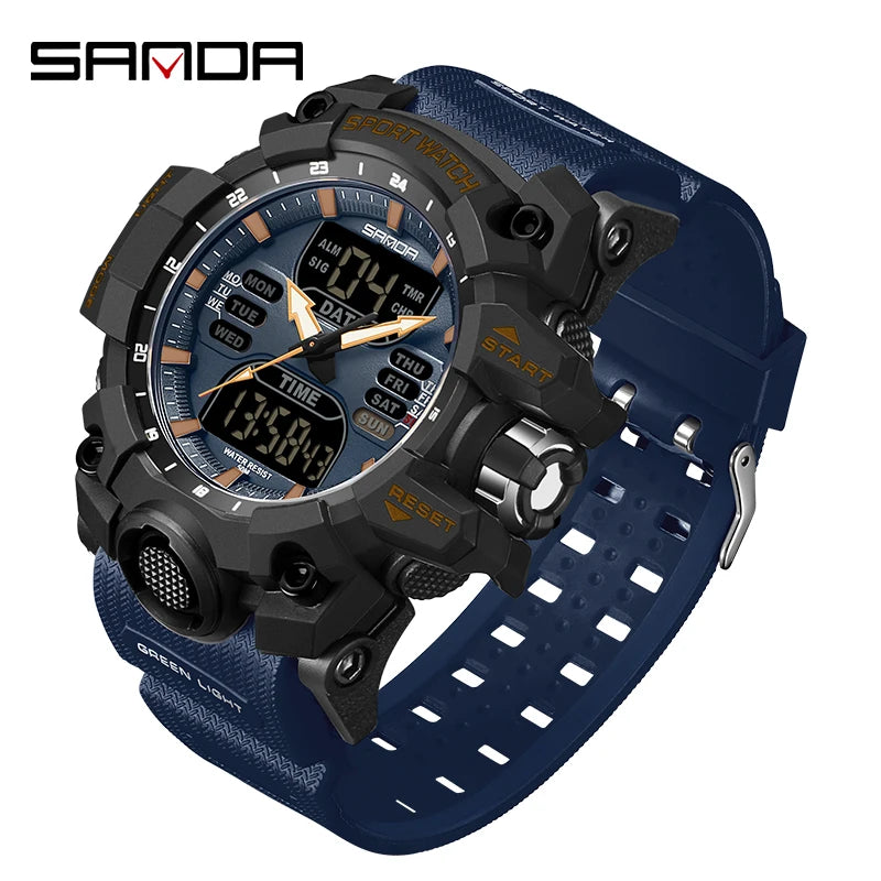 SANDA Dual Display Men Watches Waterproof Sports Watch Military Man Alarm Stopwatch Quartz Wristwatch Male LED Digital Clock6126