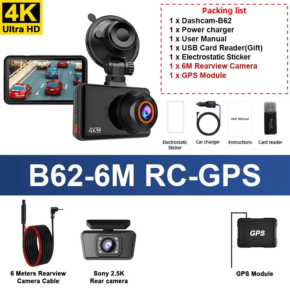 E-ACE Dash Cam 4K+2.5K Dual Channel Car Dvr Support WIFI GPS Speed Display 24h Parking Loop Record Night Vision Black Box